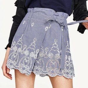 NWT Zara Woman Blue Gingham Embroidered Paper Bag High Waist Cotton Shorts XS